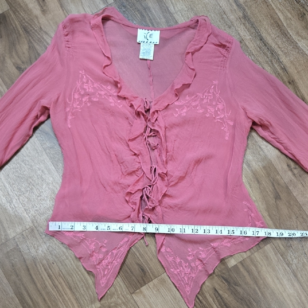 VINTAGE SALMON PINK SHEER RUFFLE 90s / Y2K LONG SLEEVE FRONT TIE SILK BLOUSE - Picture 13 of 16